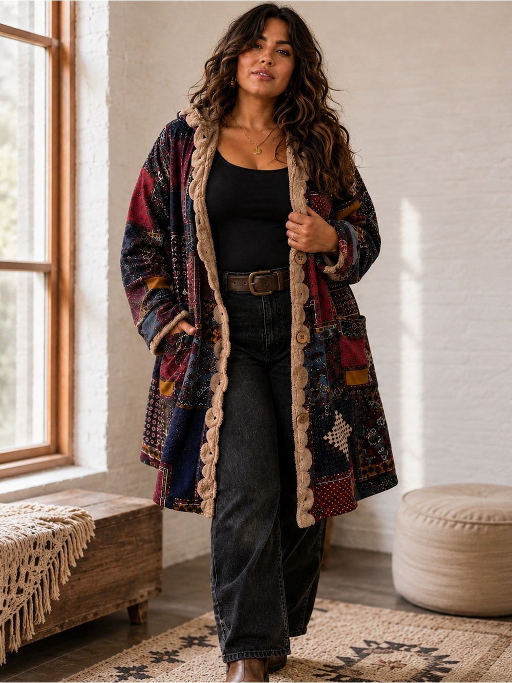 Bohemian Patchwork Open-Front Sweater Coat - Burgundy Multi